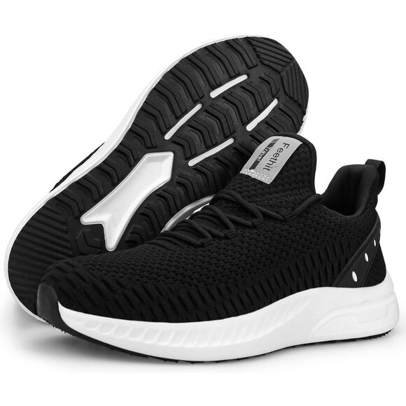 Men's Black White Non Slip Lightweight Workout Breathable Mesh Fashion Sneakers - Picture 6 of 6
